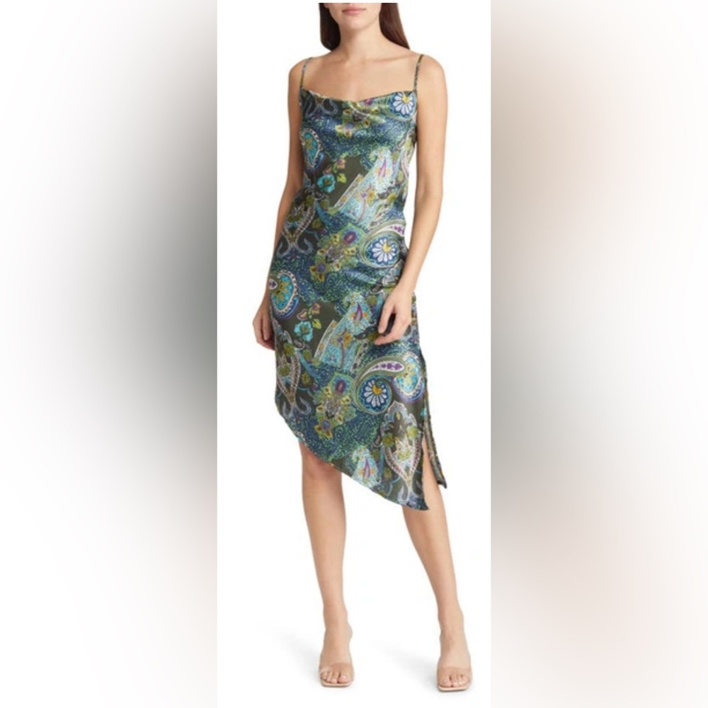Area Stars Paisley Print Asymmetrical Satin Cowl Neck Dress - XS‎